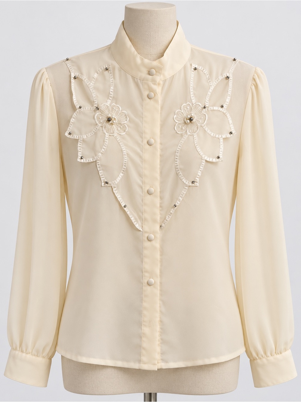 Vintage-Inspired Ivory Floral Embroidered and Beaded Pearl Mock-Neck Blouse
